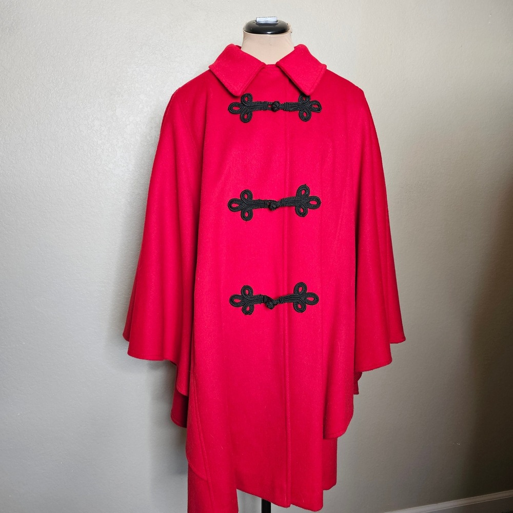 Vintage Red Wool Cape Coat Poncho Toggle Closure Collar Loring Large - Picture 2 of 16